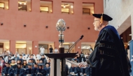 CMU-Q Dean Michael Trick addressing the students during the ceremony. 