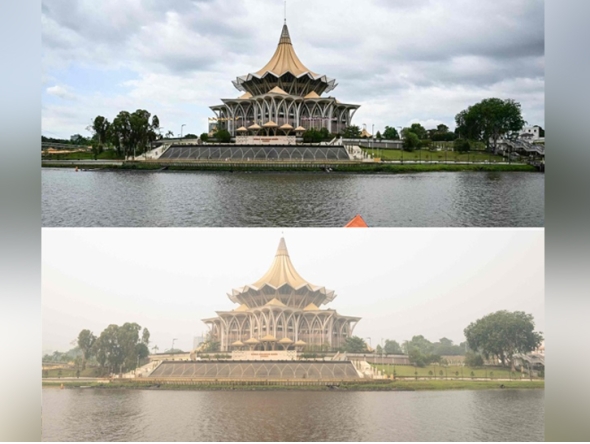 (COMBO) A combination image of two photographs created on September 5, 2026 shows the Sarawak Legislative Assembly building in Kuching, capital of the Malaysian state of Sarawak on the island of Borneo on June 17, 2025 (top), and the same building shrouded in haze on September 5, 2026 (bottom). Indonesia has for weeks been fighting wildfires blanketing parts of Borneo and Sumatra with smog, with haze also contributing to air pollution in Malaysia, Singapore, and the Philippines. (Photo by Mohd Rasfan / AFP)