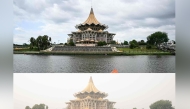 (COMBO) A combination image of two photographs created on September 5, 2026 shows the Sarawak Legislative Assembly building in Kuching, capital of the Malaysian state of Sarawak on the island of Borneo on June 17, 2025 (top), and the same building shrouded in haze on September 5, 2026 (bottom). Indonesia has for weeks been fighting wildfires blanketing parts of Borneo and Sumatra with smog, with haze also contributing to air pollution in Malaysia, Singapore, and the Philippines. (Photo by Mohd Rasfan / AFP)