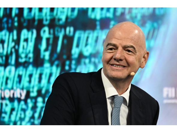 FIFA President Gianni Infantino speaks during the FII Priority Summit in Miami Beach, Florida, on February 20, 2025. Photo by Chandan Khanna / AFP