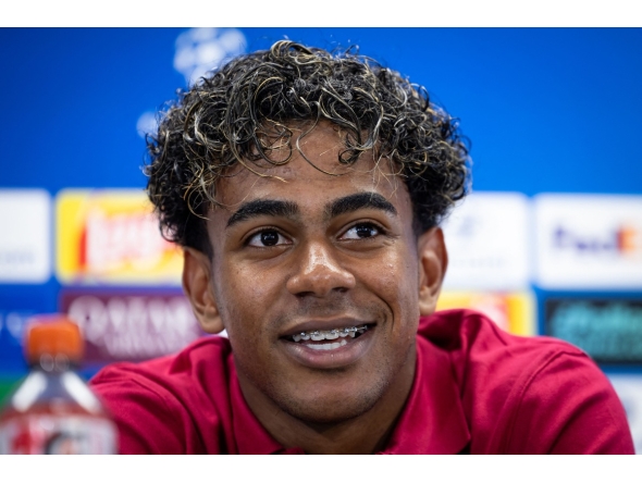 Barcelona's forward Lamine Yamal holds a press conference after a training session at the Joan Gamper training ground in Sant Joan Despi, near Barcelona, on September 8, 2026 on the eve of the UEFA Champions League first round day 1 football match against Feyenoord. (Photo by Josep LAGO / AFP)