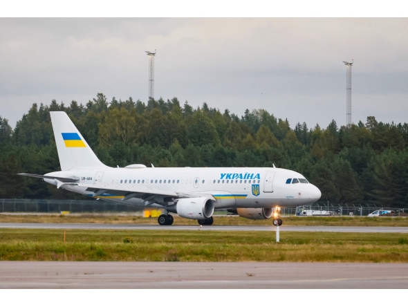 Ukrainian plane UR-ABA believed to carry Ukraine's President Volodymyr Zelensky and his and his wife Olena Zelenska lands at Gardermoen airport near Oslo before Norway's King Harald V's funeral on September 9, 2026 in Oslo. (Photo by Frederik Ringnes / NTB / AFP) / Norway OUT
