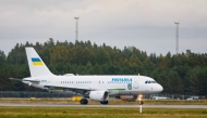 Ukrainian plane UR-ABA believed to carry Ukraine's President Volodymyr Zelensky and his and his wife Olena Zelenska lands at Gardermoen airport near Oslo before Norway's King Harald V's funeral on September 9, 2026 in Oslo. (Photo by Frederik Ringnes / NTB / AFP) / Norway OUT