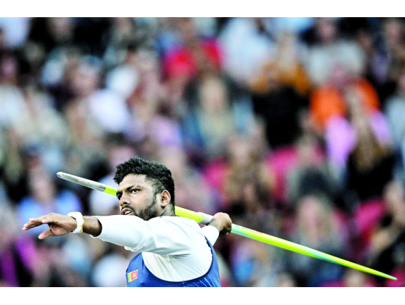 Sri Lanka’s Rumesh Tharanga Pathirage competes in men’s javelin throw  event. (AFP)