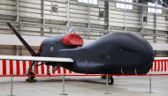 This picture taken on January 23, 2023 shows a Global Hawk unmanned surveillance aircraft of the Japan Air Self-Defence Force (JASDF) in Misawa, Aomori prefecture. (Photo by JIJI PRESS / AFP) / Japan OUT