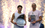 USA's Ben Shelton holds the runner-up trophy next to Germany's Alexander Zverev who holds the winner's trophy after the men's singles final tennis match of the US Open tennis tournament on September 13, 2026. (Photo by Angela Weiss / AFP)

