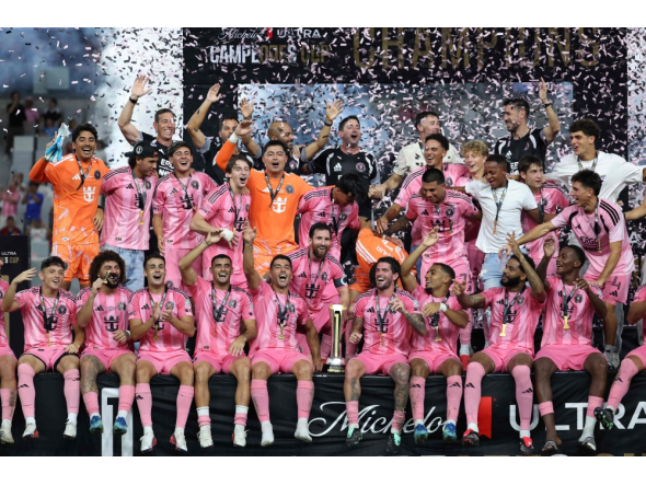 Lionel Messi #10 of Inter Miami CF and teammates celebrate with the Champion's trophy after winning the Campeones Cup 2026 match between Inter Miami CF and Cruz Azul at Nu Stadium on September 16, 2026 in Miami, Florida. Leonardo Fernandez/Getty Images/AFP