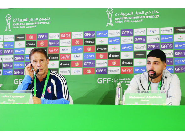 Qatar coach Julen Lopetegui (left) and Qatar goalkeeper Mahmoud Abunada speak during a press conference ahead of their Gulf Cup opener against defending champions Bahrain in Jeddah yesterday.