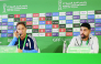 Qatar coach Julen Lopetegui (left) and Qatar goalkeeper Mahmoud Abunada speak during a press conference ahead of their Gulf Cup opener against defending champions Bahrain in Jeddah yesterday.