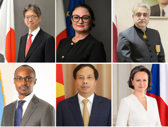 Clockwise from top left: Ambassadors H E Naoto Hisajima of Japan, H E Maria Camilleri Calleja of Malta, H E Muhammad Aamer of Pakistan, H E Marta Hušková (Czech Republic), H E Nguyen Huy Hiep of Vietnam, and H E Igor Marara Kayinamura of Rwanda 
