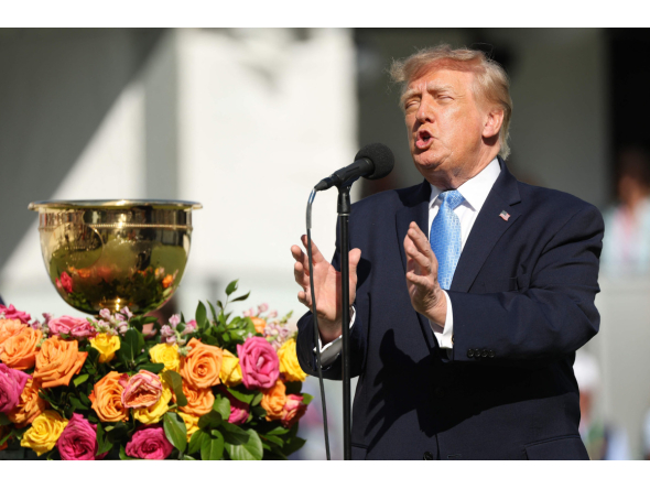 President Donald Trump speaks to the crowd on the first tee during Sunday's Singles on day four of the Presidents Cup 2026 at Medinah Country Club on September 27, 2026 in Medinah, Illinois. (Photo by Sarah Stier / GETTY IMAGES NORTH AMERICA / Getty Images via AFP)