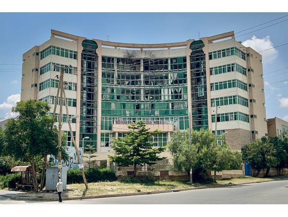 A general view of the damaged building housing Tigray TV, the state broadcaster of Ethiopia's Tigray region, following a drone strike in Mekelle on September 27, 2026. (Photo by AFP)