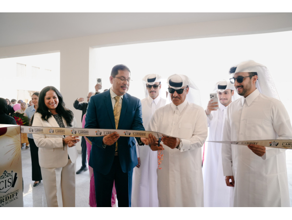 Chairman of Cardiff Indian School Dr. Hamad Al Kaabi and Principal Dr. Maneesh Mangal with other officials inaugurating the school.