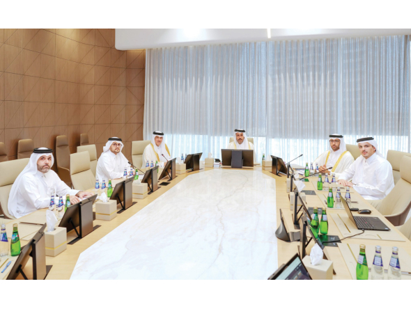 Minister of Commerce and Industry H E Sheikh Faisal bin Thani bin Faisal Al Thani with other officials during the meeting.