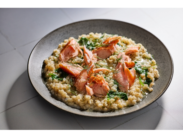 Barley Porridge With Spinach and Smoked Salmon. (Tom McCorkle/For The Washington Post; food styling by Gina Nistico)
 