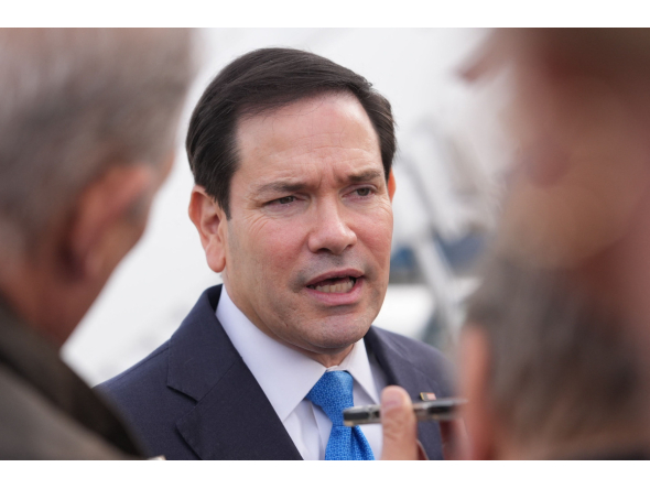 :US Secretary of State Marco Rubio speaks to the press before boarding a plane en route to Iceland at Joint Base Andrews, Maryland, on October 5, 2026. Photo by Mark Schiefelbein / POOL / AFP