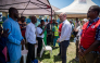 French Minister for Europe and Foreign Affairs Jean-Noël Barrot speaks with family members of Ebola patients during his visit to the Rwampara Ebola Treatment Centre in Bunia, Ituri Province, Democratic Republic of Congo, on October 3, 2026. (Photo by Hardy BOPE / AFP)