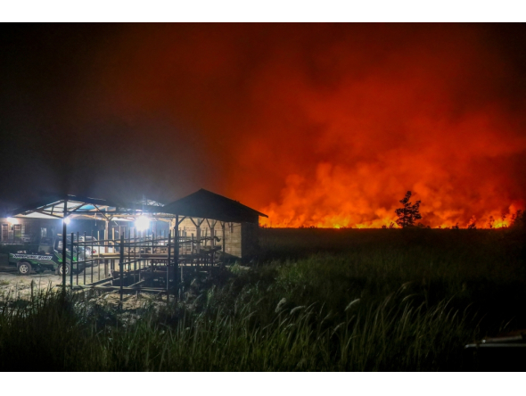 Flames and thick smoke glow against the night sky as a massive wildfire burns near residential structures in the Panarung area of Palangkaraya, Central Kalimantan province, on October 8, 2026. (Photo by REINA / AFP)
