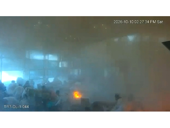 This screen grab taken from CCTV footage released by the Saudi Media Ministry on October 11, 2026, shows the moment Riyadh International was hit by a Houthi strike on October 10, 2026. (Photo by Saudi Media Ministry / AFP) 