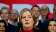 (Files) Co-leader of Germany's Social Democratic Party (SPD) Baerbel Bas addresses journalists in Berlin on March 27, 2026. (Photo by John MacDougall / AFP)