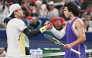 Belgium’s Zizou Bergs (left) shakes hands with Spain’s Carlos Alcaraz at the end of their match.