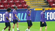 Barcelona’s Lamine Yamal (centre) takes part in a training session at Rams Park Stadium in Istanbul yesterday. 