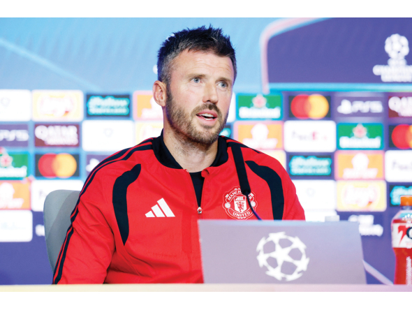 Manchester United coach Michael Carrick gives a press conference ahead of the match against Atletico Madrid.  