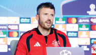 Manchester United coach Michael Carrick gives a press conference ahead of the match against Atletico Madrid.  