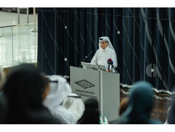 Minister of State and President of Qatar National Library H E Dr. Hamad bin Abdulaziz Al-Kawari addressing the event. 