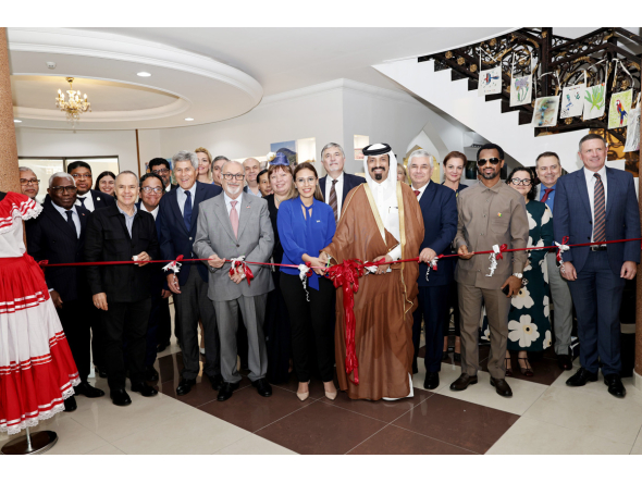 Head of Mission at the Embassy of Honduras H E Sophia Escobar Lanza (centre); and  AFCD Founder and Patron Farhan Al Sheikh Al Sayed with ambassadors and diplomats inaugurating the ninth edition of the Art, Fashion and Cultural Diplomacy exhibition, yesterday. Pic: Salim Matramkot/THE PENINSULA 