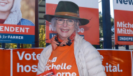 (FILES) Helen Haines, independent MP for the neighbouring electorate of Indi, poses during the Farrer By-Election in Albury, New South Wales on May 9, 2026. (Photo by HILARY WARDHAUGH / AFP)  