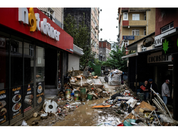 A photograph taken on October 16, 2026, shows a flooded street the day after heavy rainfall in the Ayazaga district of Istanbul. Photo by Yasin Akgul / AFP
