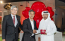 General Manager of the Cultural Village Foundation–Katara Prof. Dr. Khalid bin Ibrahim Al-Sulaiti (right) and Ambassador of Peru to Qatar H E Gonzalo Voto-Bernales (left) with the artist. 