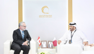 NCSA President H E Eng. Abdulrahman bin Ali Al Farahid Al Malki meeting an official on the sidelines of Milipol Qatar 2026. 
