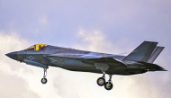 A US Marines' Lockheed Martin F35-B jet prepares to land at Jose Aponte de la Torre Airport, formerly Roosevelt Roads Naval Station, on September 13, 2025, in Ceiba, Puerto Rico. Photo by Miguel J. Rodriguez Carrillo / AFP