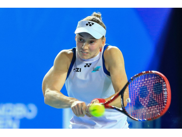 Kazakhstan's Elena Rybakina hits a return to Russia's Diana Shnaider during their women's singles semifinal match at the Ningbo Open tennis tournament in Ningbo, China's eastern Zhejiang province on October 24, 2026. (Photo by CN-STR / AFP) 

