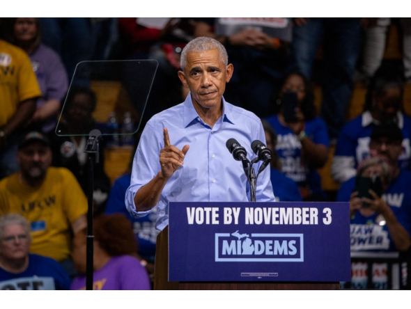 Former US President Barack Obama speaks during a midterm campaign rally as he campaigns alongside Michigan Senate candidate Abdul El-Sayed in Detroit, Michigan on October 24, 2026. (Photo by Bill Pugliano / AFP)