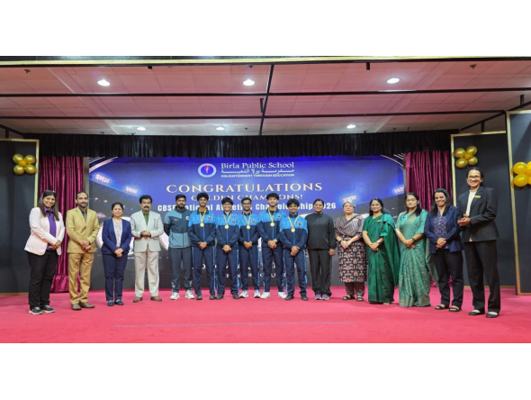 Birla Public School principal and staff members with the winning students.
