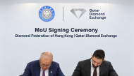 Director of Qatar Diamond Exchange Ghanim Al-Saadi and Founding President of Diamond Federa-tion of Hong Kong Lawrence Ma during the agreement signing.