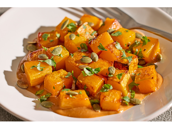 Honey-Roasted Squash With Spicy Peanut Sauce. (Tom McCorkle/For The Washington Post; food styling by Gina Nistico)
