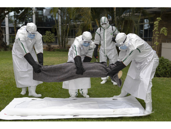 Kenya Red Cross personnel in Personal Protective Equipment (PPE) simulate the evacuation of remains of an Ebola victim in the Kenyan capital Nairobi on October 22, 2026. Photo by TONY KARUMBA / AFP