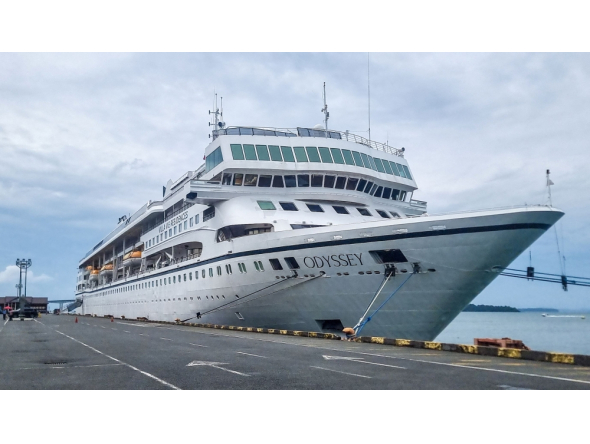 Villa Vie Residences' cruise ship Odyssey is seen docked at Sihanoukville port in Preah Sihanouk province on October 28, 2026. (Photo by AFP)
 