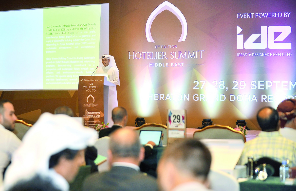 Meshal Al Shamari, Director of Qatar Green Building Council, addressing the 8th Edition of Hotelier Summit Middle East in Doha yesterday. (Pic: Baher Amin/The Peninsula)