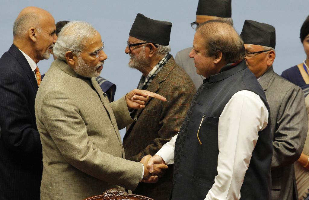 This file photo taken on November 27, 2014 shows Indian Prime Minister Narendra Modi (2L) point a finger at Pakistan's Prime Minister Nawaz Sharif (2R) during the closing session of the 18th SAARC summit at City Hall in the Nepalese capital Kathmandu. AFP