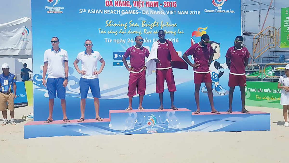 Men’s beach handball gold medallists, Qatar Team 1’s Samba and Pereira (centre), silver medallists Qatar Team 2’s Julio Junior and Ahmed Tijan Janko (right) and bronze medallists, Kazakhstan’s D Yakovlev and A Sidorenko on the podium during the Asian Beac