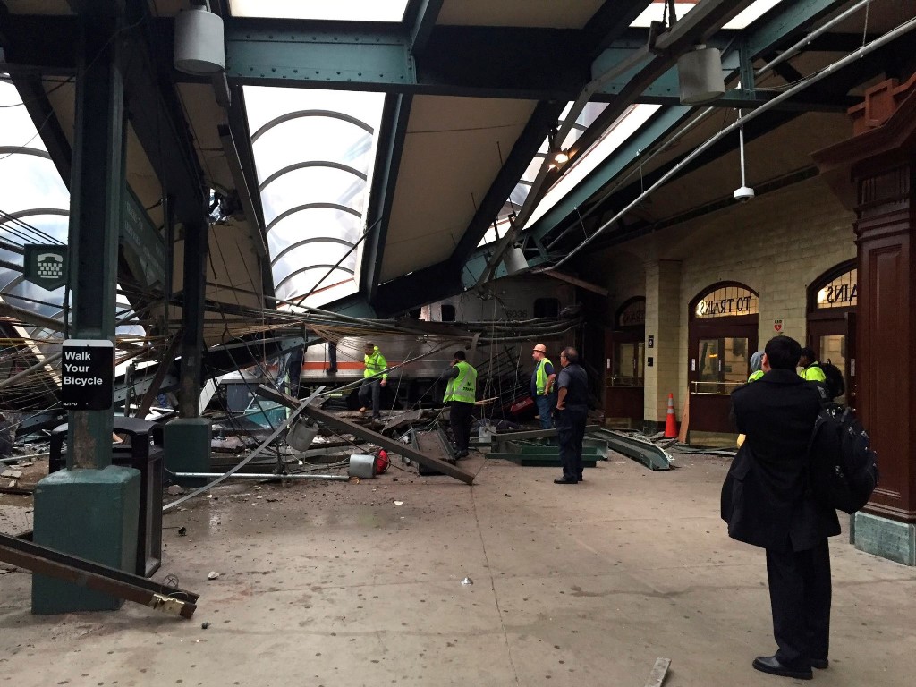 A New Jersey Transit train that derailed and crashed through the station is seen in Hoboken, New Jersey, U.S. in this picture courtesy of Corey Futterman via REUTERS 