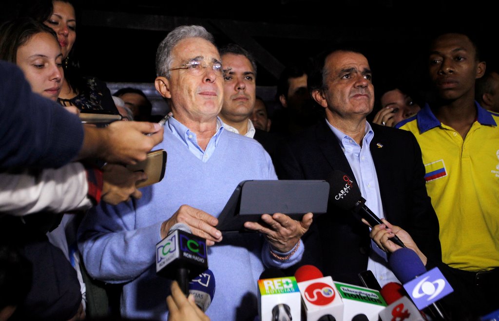 Colombia's former President Alvaro Uribe during a press conference after the nation voted 