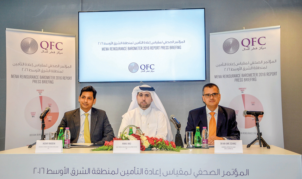 Kamal Nagi, Chief Strategy and Business Development Officer at QFC (centre) Dr Kai-Uwe Schanz, Chairman and Partner at Dr Schanz Alms and Company AG (right) and Akshay Randeva, Director of Strategy and Business Intelligence at QFC at the press conference 