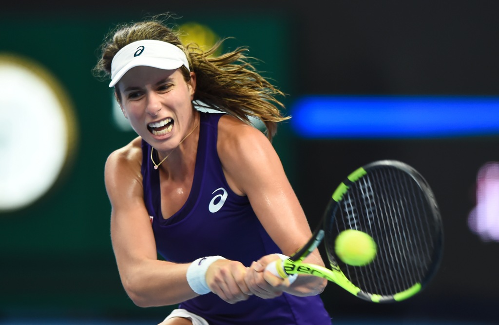 BEIJING, CHINA - OCTOBER 07: Johanna Konta of Great Britain in action against Zhang Shuai of China (not seen) during the Women's quarter final match of China Open 2016 Tennis Tournament in Beijing, China on October 07, 2016.