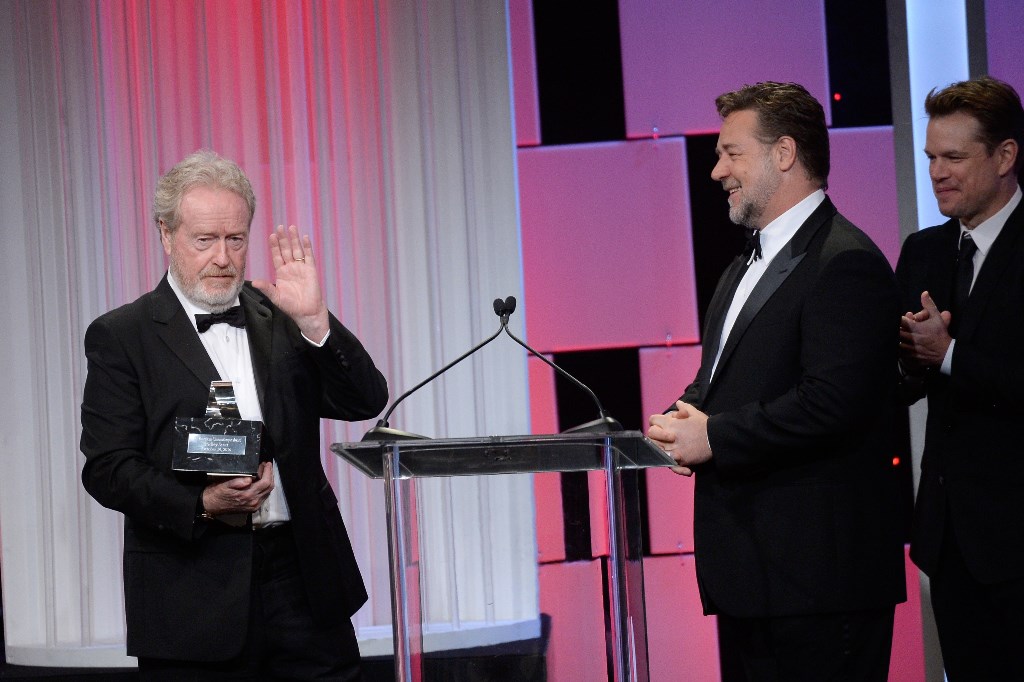 (L-R) Honoree Sir Ridley Scott accepts the American Cinematheque Award from actors Russell Crowe and Matt Damon onstage at the 30th Annual American Cinematheque Awards Gala at The Beverly Hilton Hotel on October 14, 2016 in Beverly Hills, California. Kevo